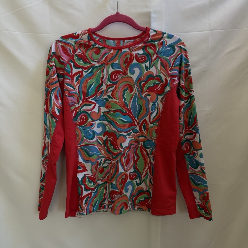Coolibar Shirt Women Medium Red Floral Hightide Swim UPF50 Rash Guard Boat Beach